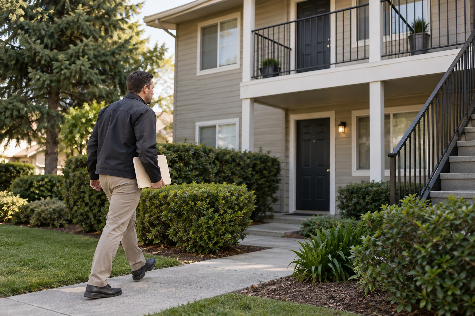 Process server carrying court papers toward a small apartment building.
