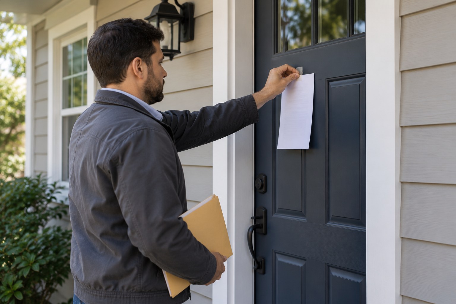 Process server placing a notice on a residential front door.