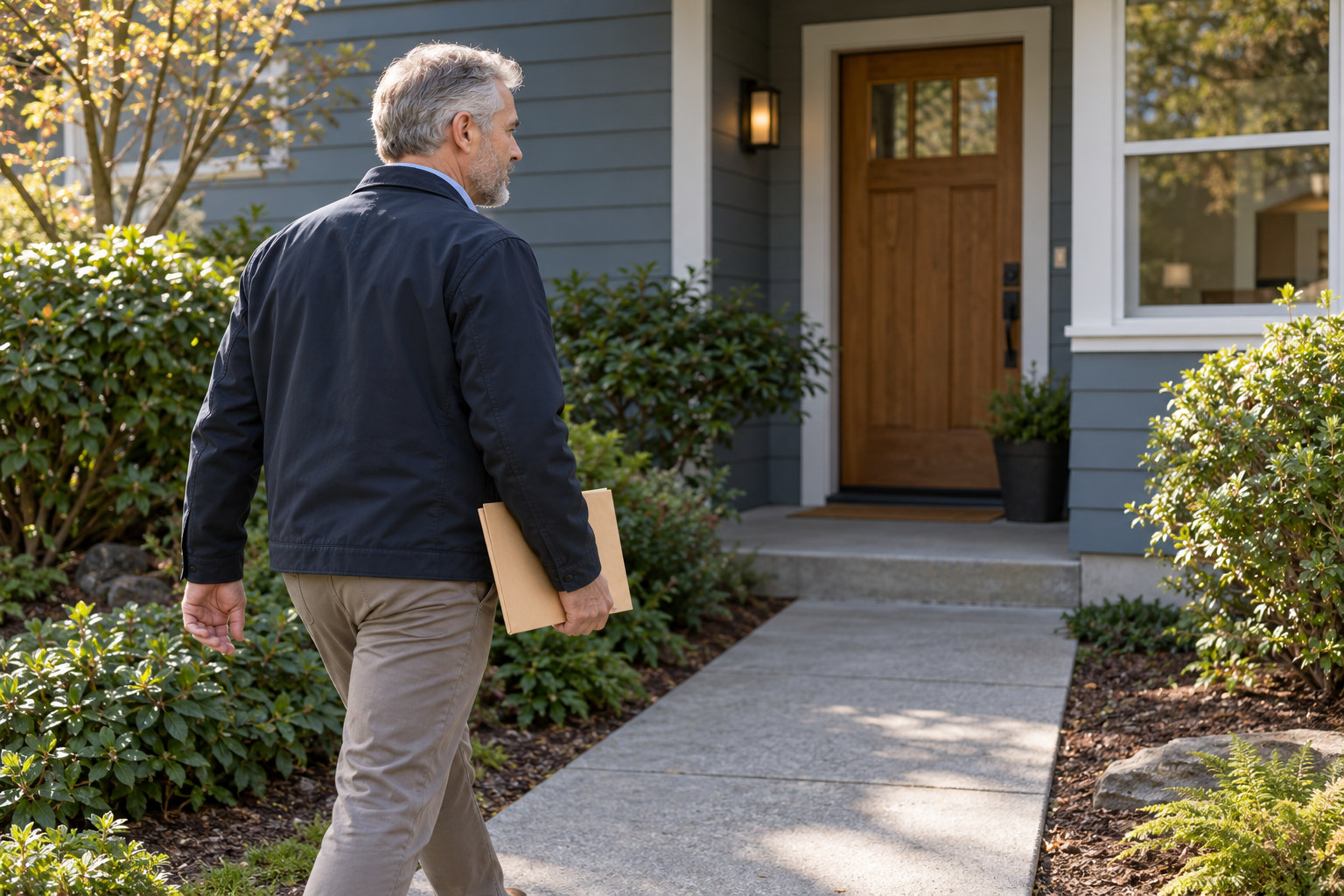 Process server carrying a document folder toward a residential entrance.