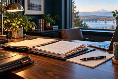Illustrative scene of organized case files and court paperwork