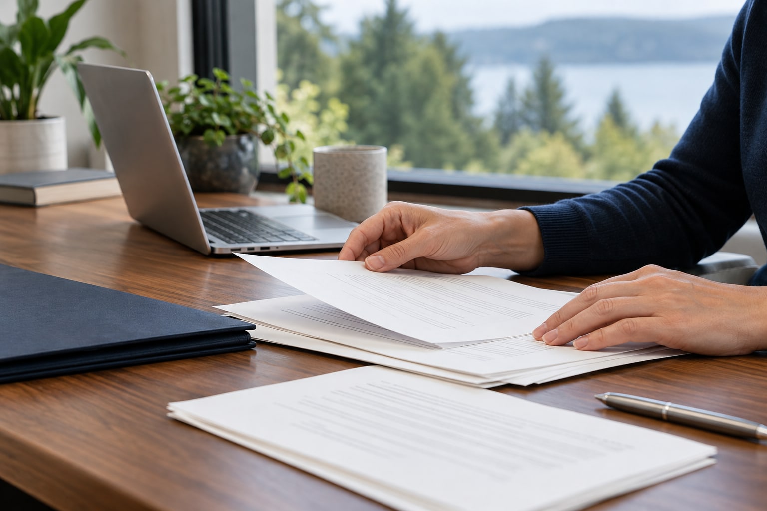 Hands organizing paperwork beside a laptop and document folder