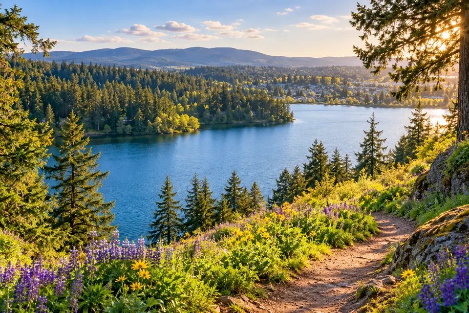 AI interpretation of lacamas Lake shoreline with forest, wildflowers, and distant hills.