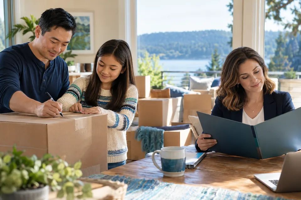 A father and daughter label a moving box while a document preparer reviews a folder.