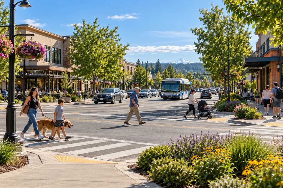 AI interpretation of suburban commercial streetscape with a landscaped multi-road intersection.