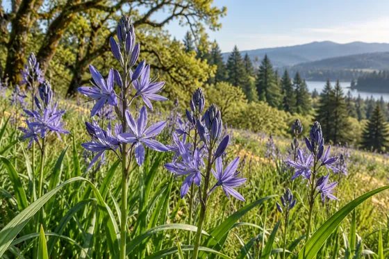 Blue-purple camas flowers growing in a sunlit meadow.