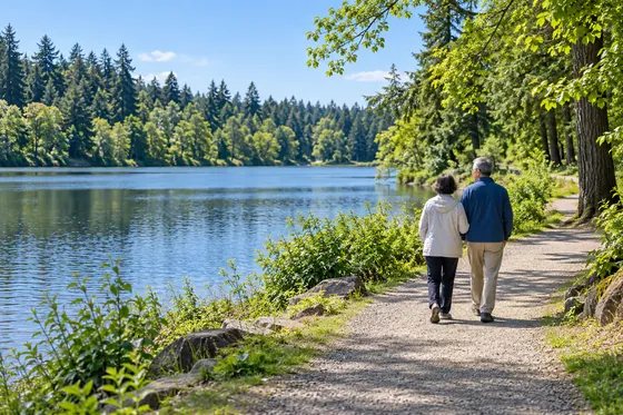 AI interpretation of a lakeside path and walkers at Lacamas Lake Heritage Park.