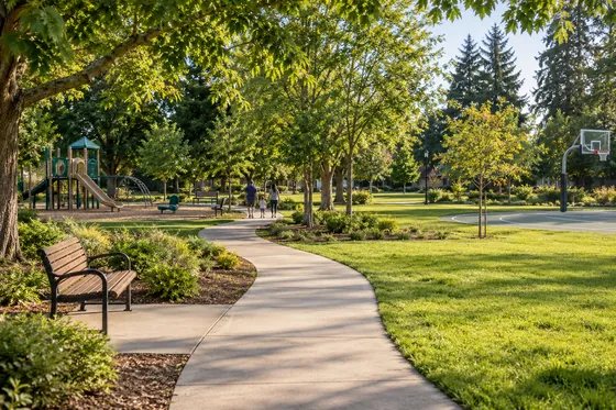 Path, lawn and play area inspired by Covington Neighborhood Park.
