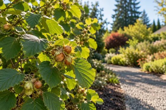 Hazelnut leaves and nuts illustrating the Hazel Dell place name.