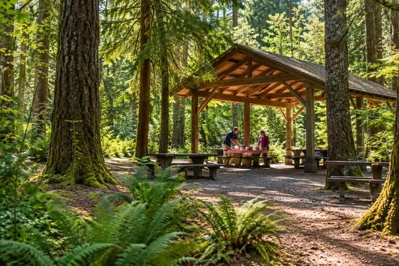 Wooded picnic area inspired by Hazel Dell Community Park.