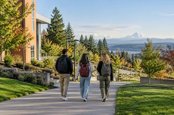 Hillside campus and distant mountain view inspired by WSU Vancouver.