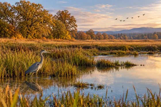 Great blue heron in wetland scenery inspired by Ridgefield National Wildlife Refuge.
