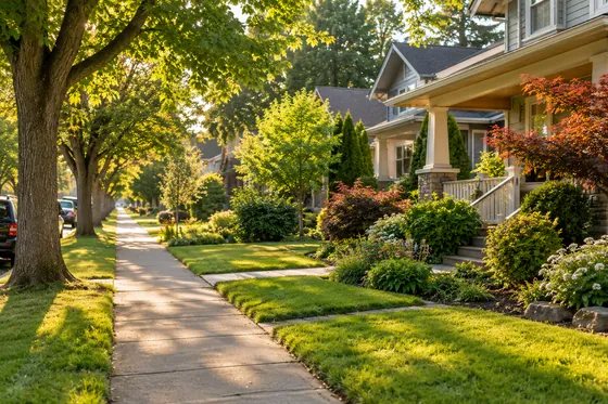 Leafy homes and sidewalk representing the Walnut Grove community setting.