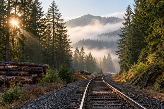 Rail line through forested foothills evoking Yacolt’s railroad history.