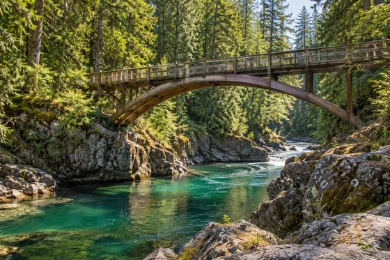 AI interpretation of the timber arch footbridge above the East Fork Lewis River.