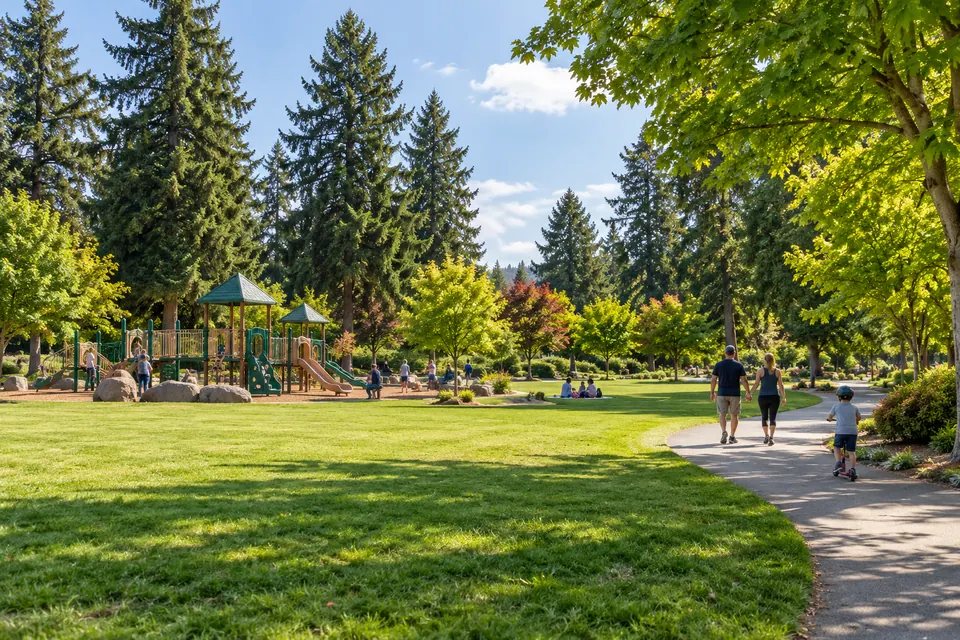 AI interpretation of community park field, play structure, and walkers in Hazel Dell.
