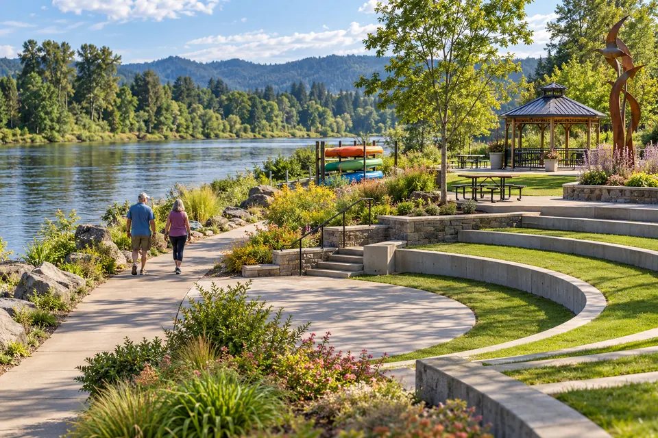 AI interpretation of a riverside path, terraced amphitheater, gazebo, and public art at Sternwheeler Park.