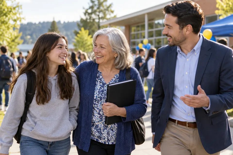 An aunt and teenager walk together at a school event with a document preparer.