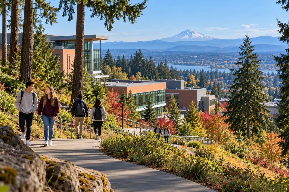 AI interpretation of wSU Vancouver campus buildings and wooded hillside trail.