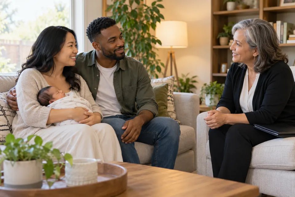 Two parents and their newborn speak with a document preparer at home.