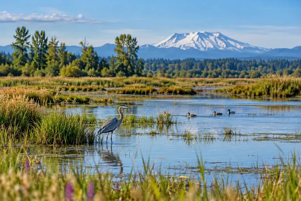 AI interpretation of a heron and waterfowl in wetlands near Ridgefield with Mount St. Helens beyond.