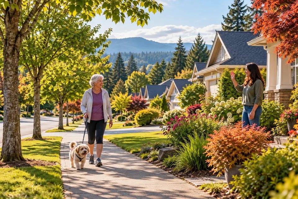 AI interpretation of neighbors on a leafy residential street in Walnut Grove, Vancouver.