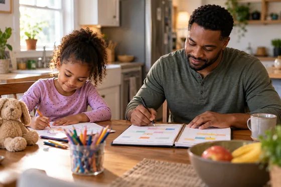 Parent arranging a weekly schedule while a child draws nearby.