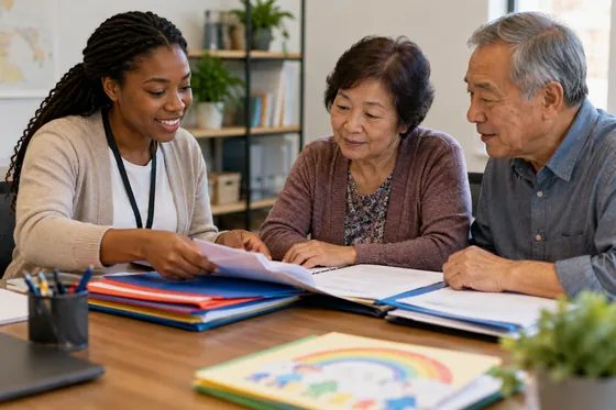 Adults organizing school and care records for a guardianship packet.