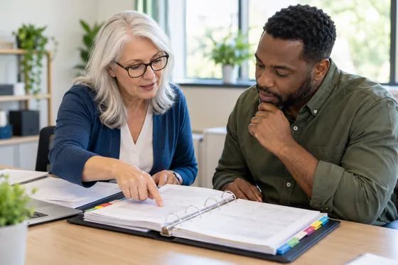 Document specialist and client checking dates and records in an order packet.
