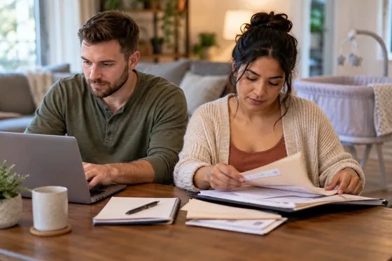 Young parents organizing identification and family paperwork.