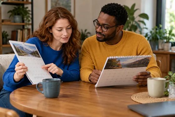 Two adults comparing schedules for a parenting plan.