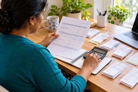Reviewing income records and expenses with a calculator.