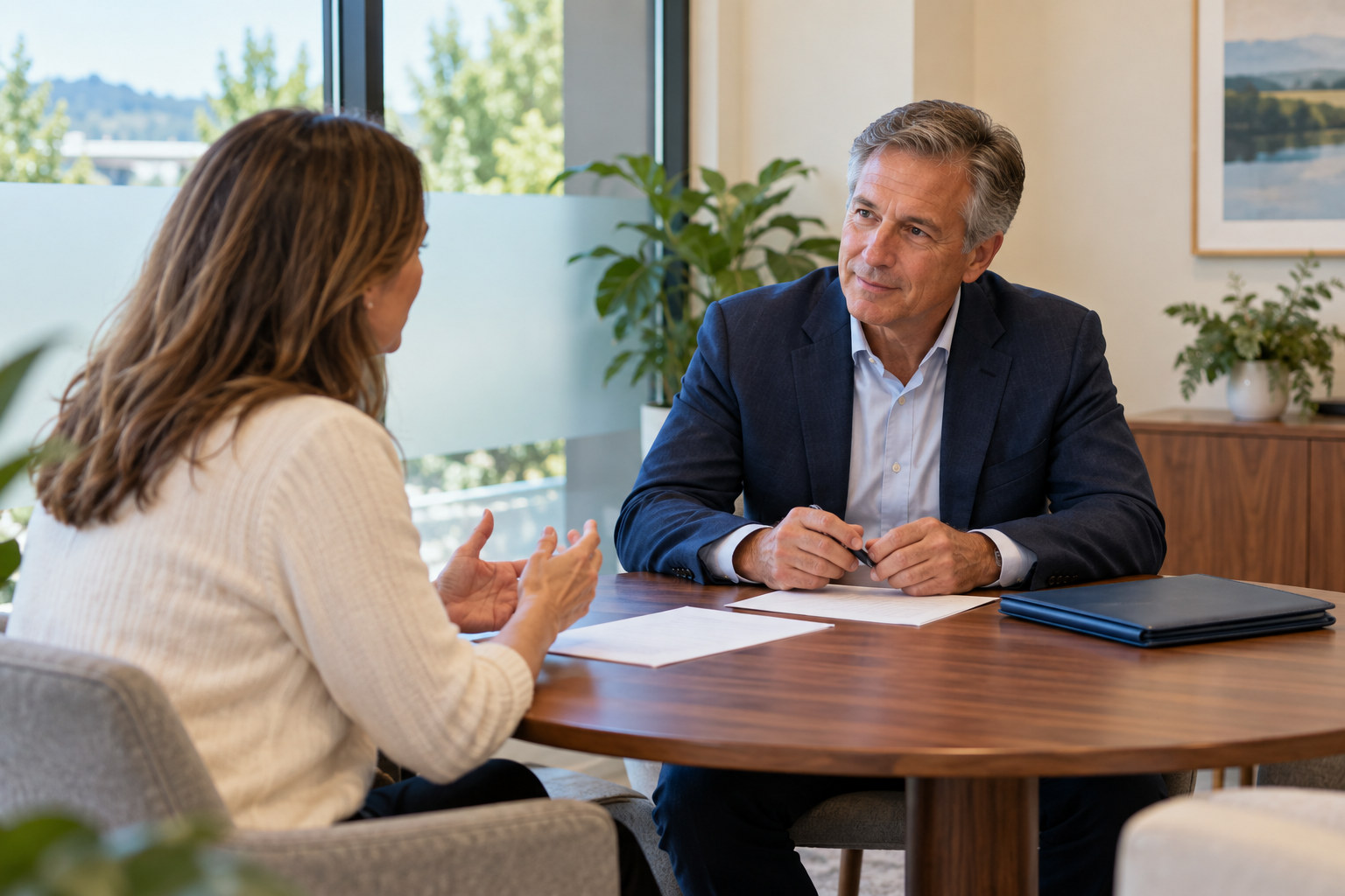 Attorney listening to a client across a consultation table
