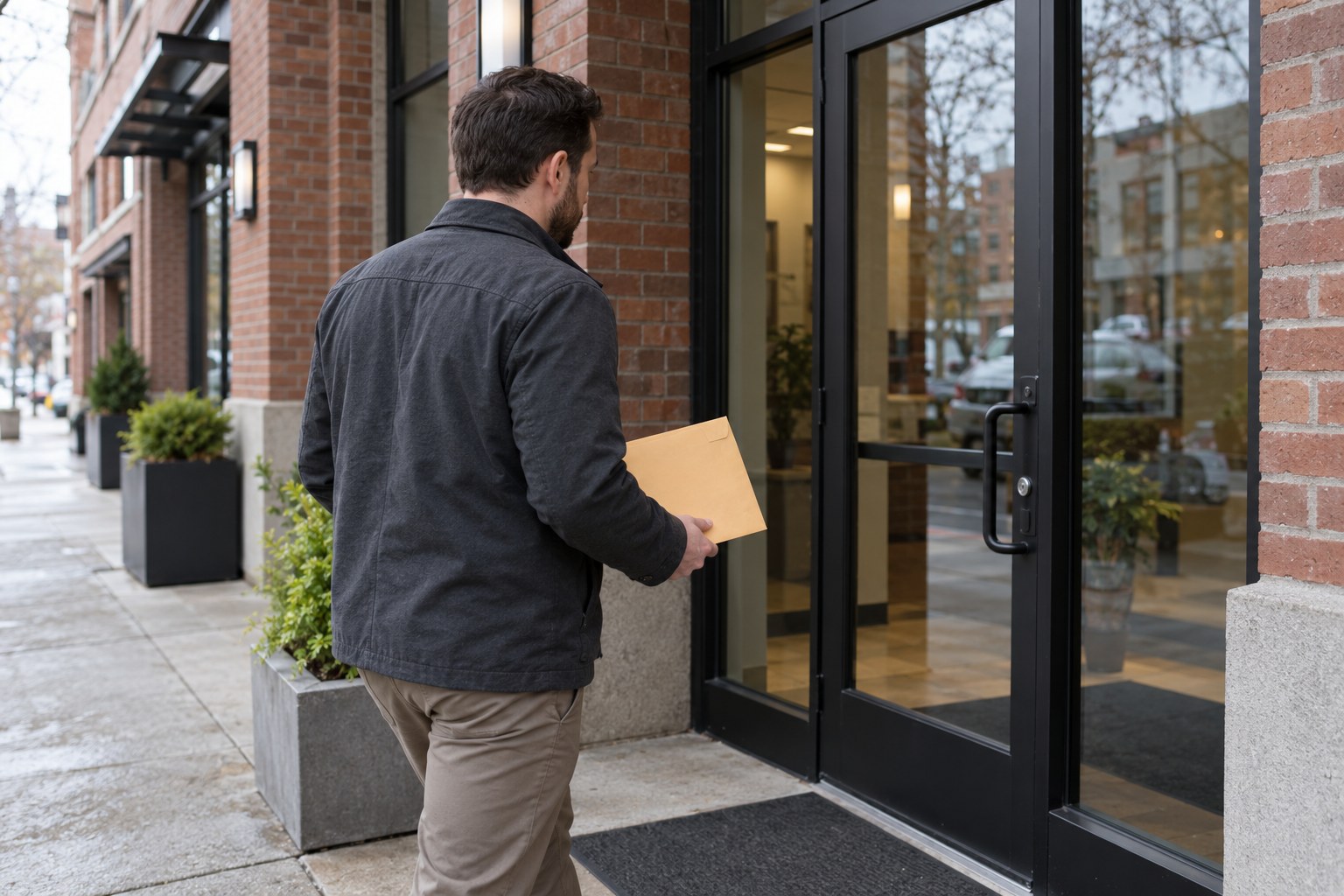 Process server holding a document envelope outside a brick office entrance.