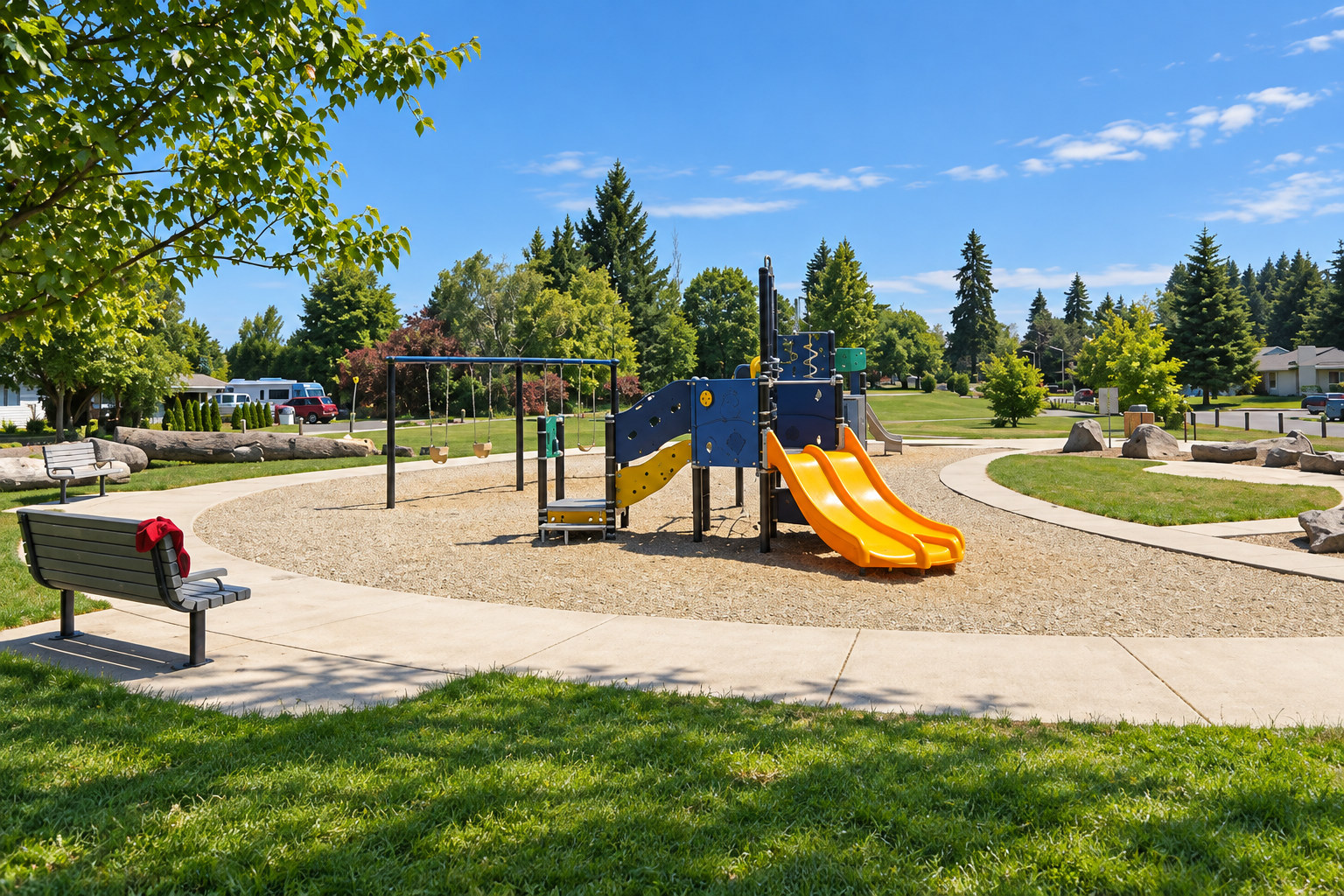 Illustration of Covington Neighborhood Park’s double slide, swings and paved walking path.