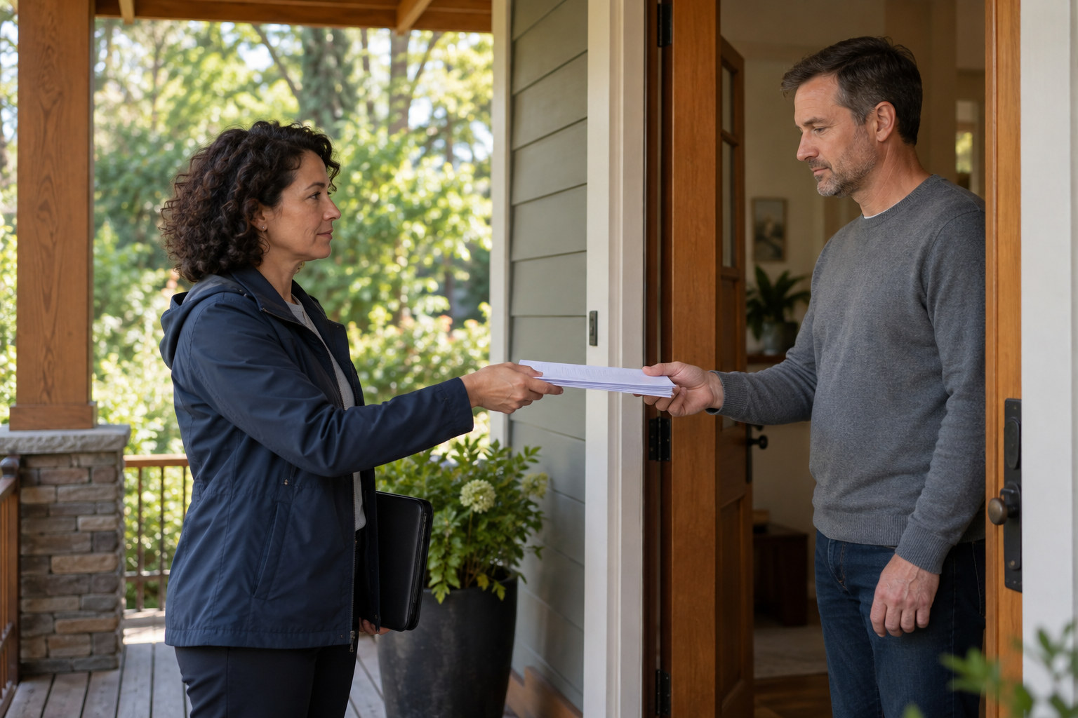 Process server handing a packet of papers to an adult at a residential doorway.