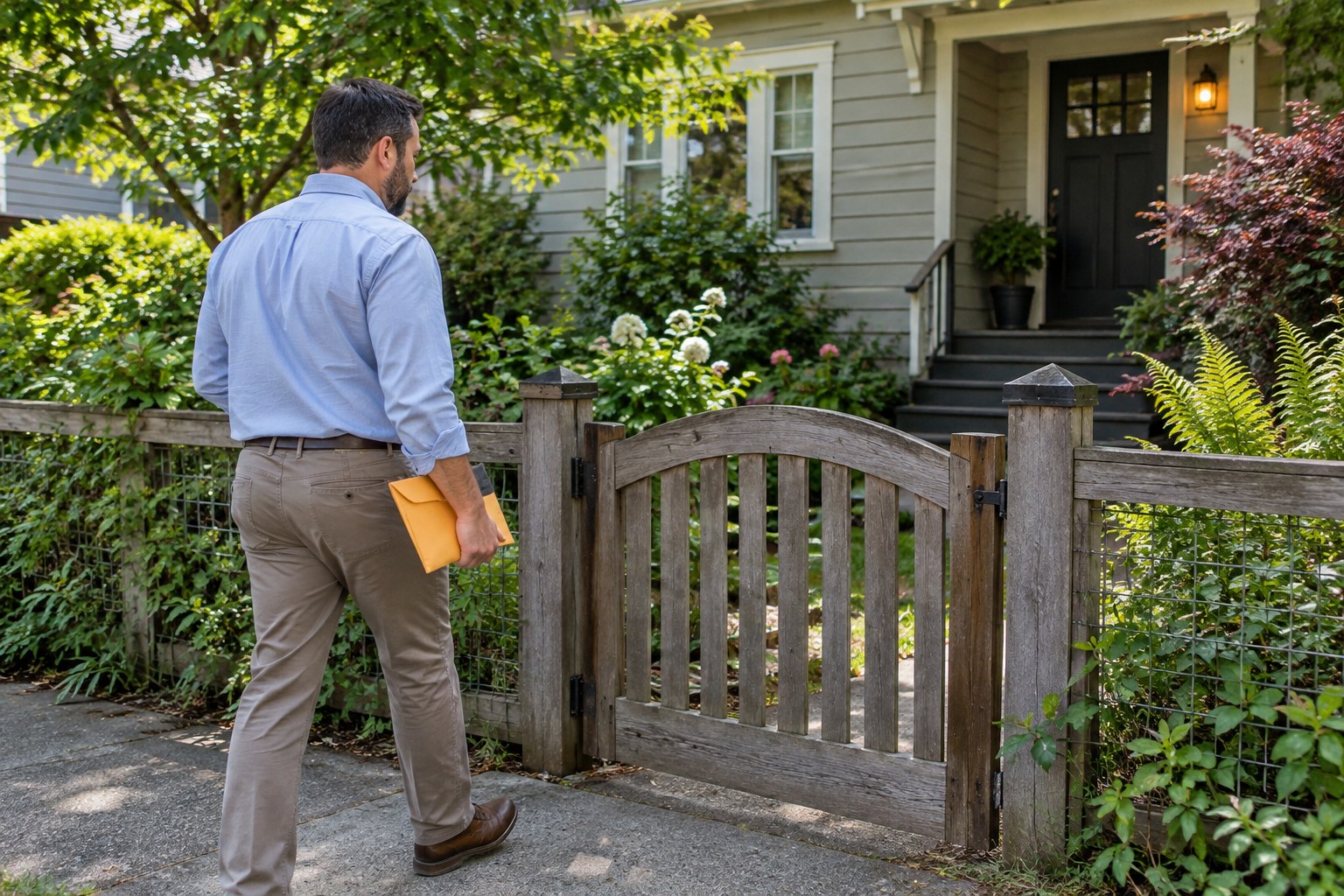Process server approaching a residential gate with a document envelope.