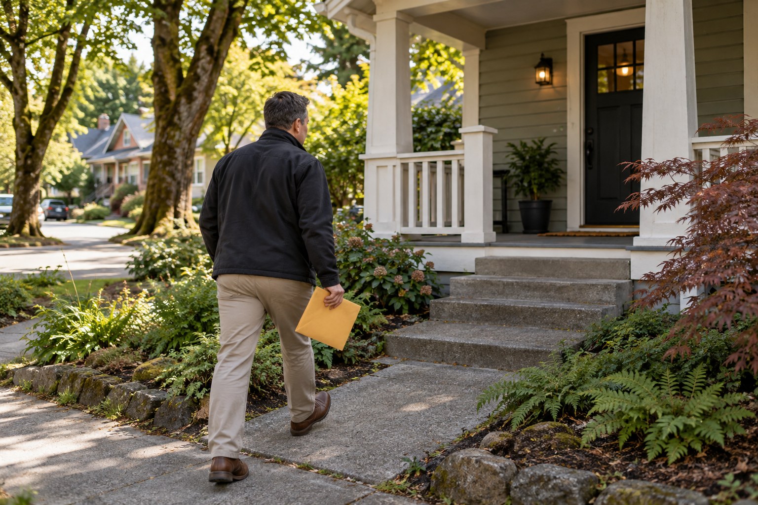 Process server walking toward a front porch with a document envelope.