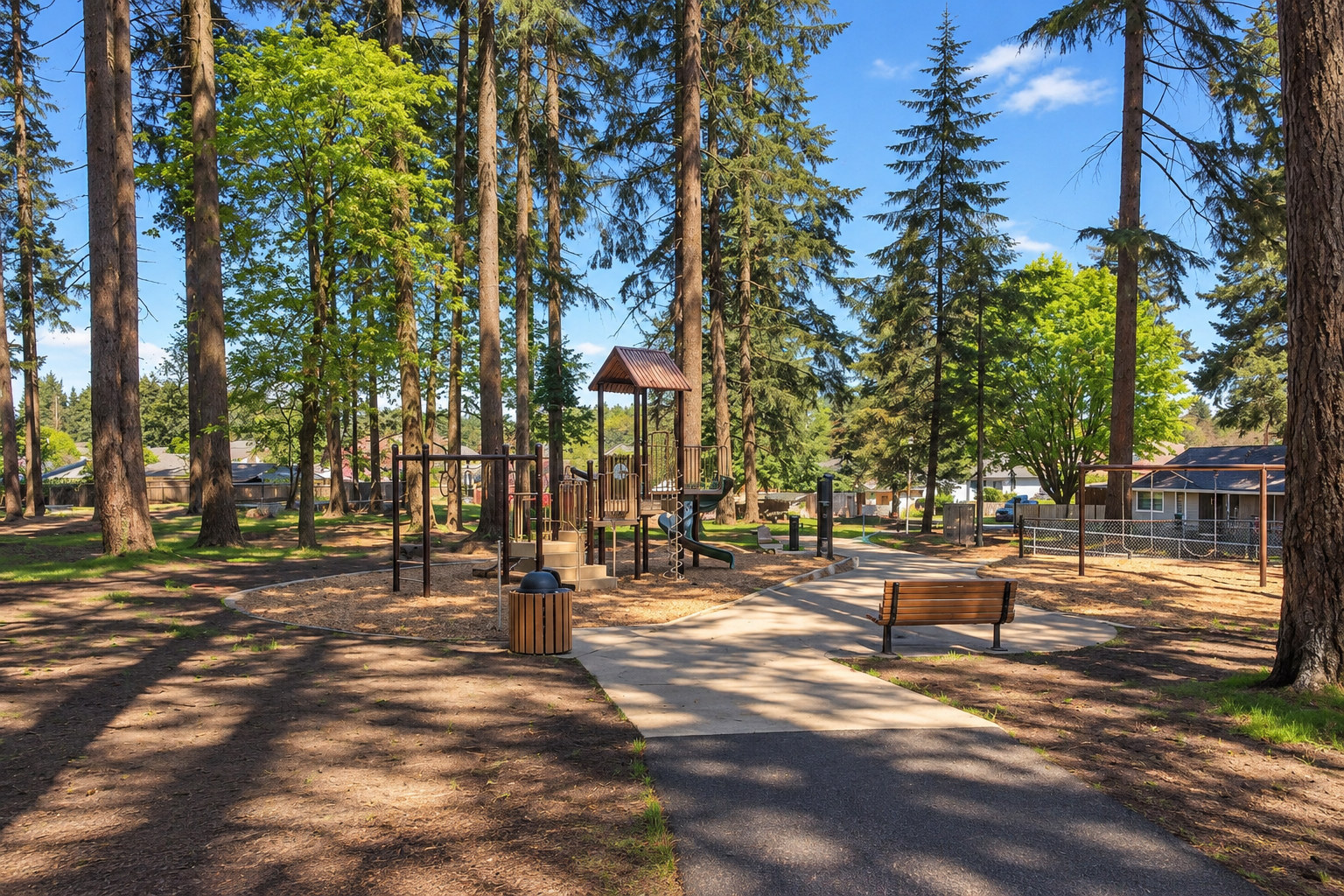 Illustration of Tower Crest Neighborhood Park’s wooded playground, path and bench.