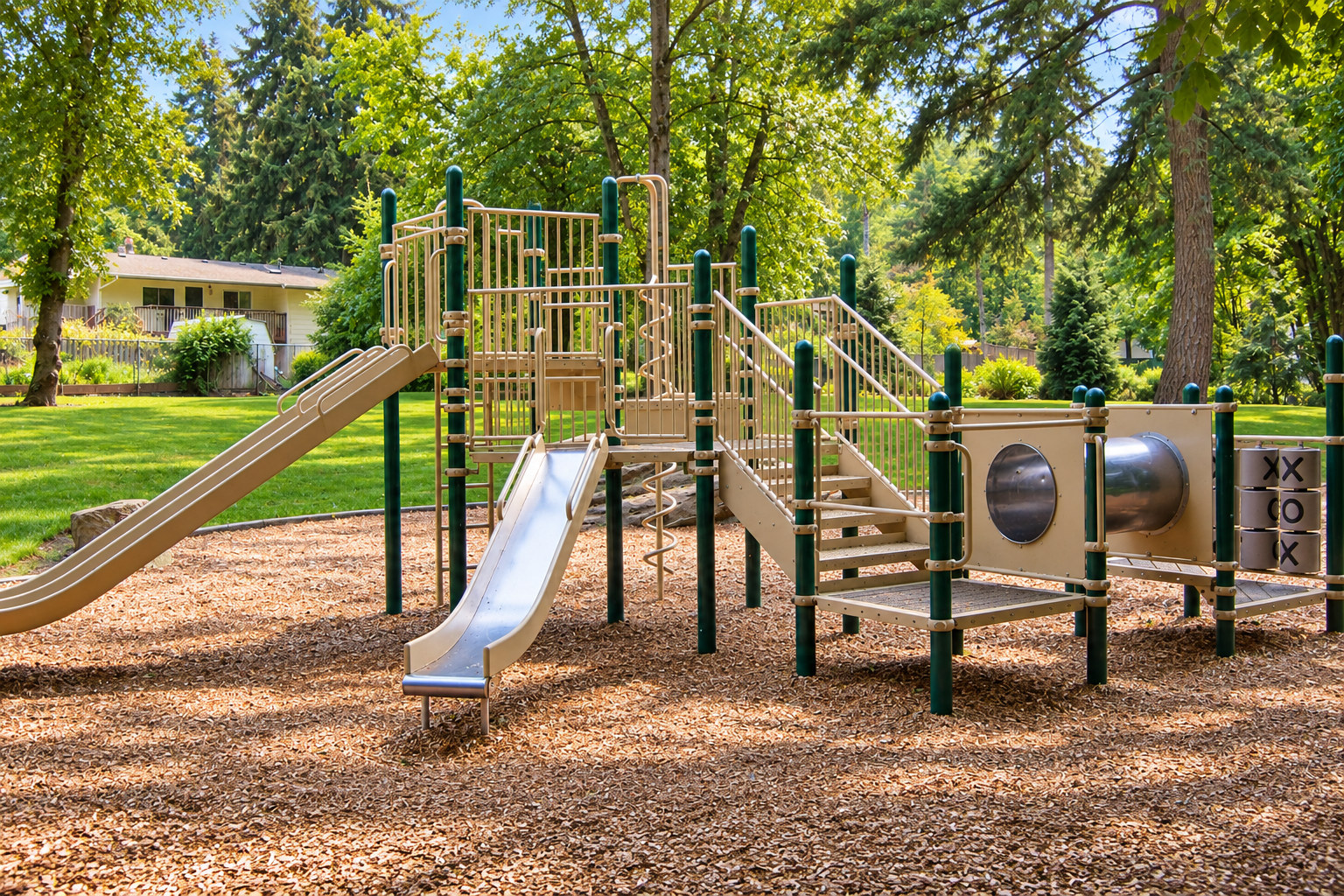 Illustration of the playground and surrounding trees at Orchards Highlands Neighborhood Park.