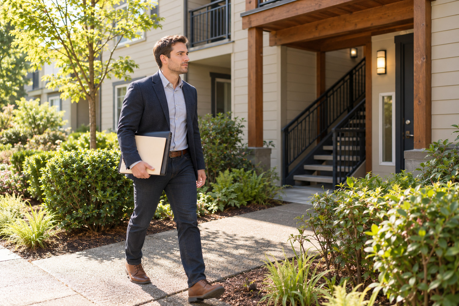 Process server carrying an envelope and portfolio toward an apartment entrance.