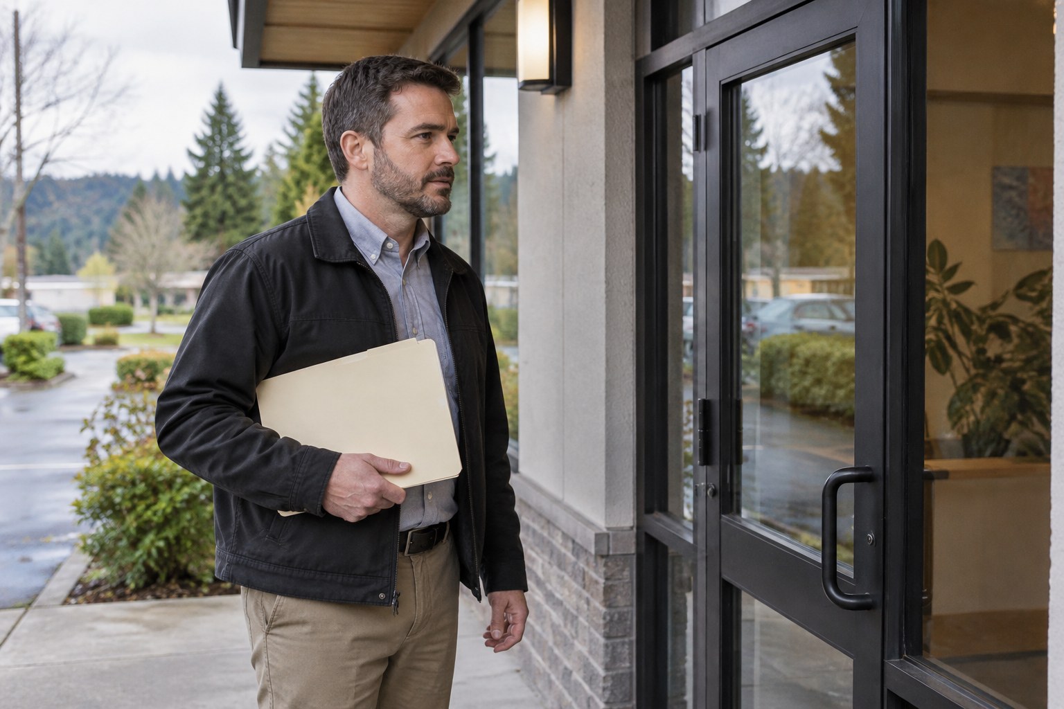 Process server holding a document folder beside a building entrance.