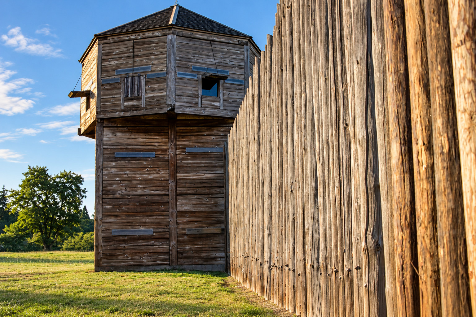 Illustration of the wooden bastion and stockade wall at Fort Vancouver.