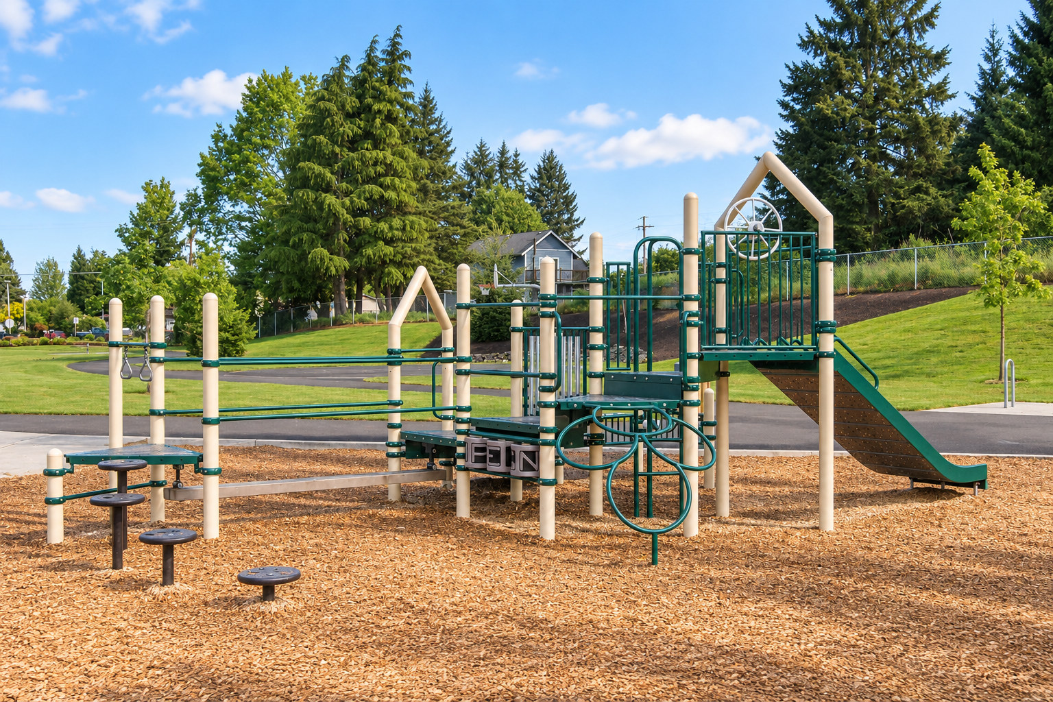 Illustration of the green and cream playground at Walnut Grove Neighborhood Park.