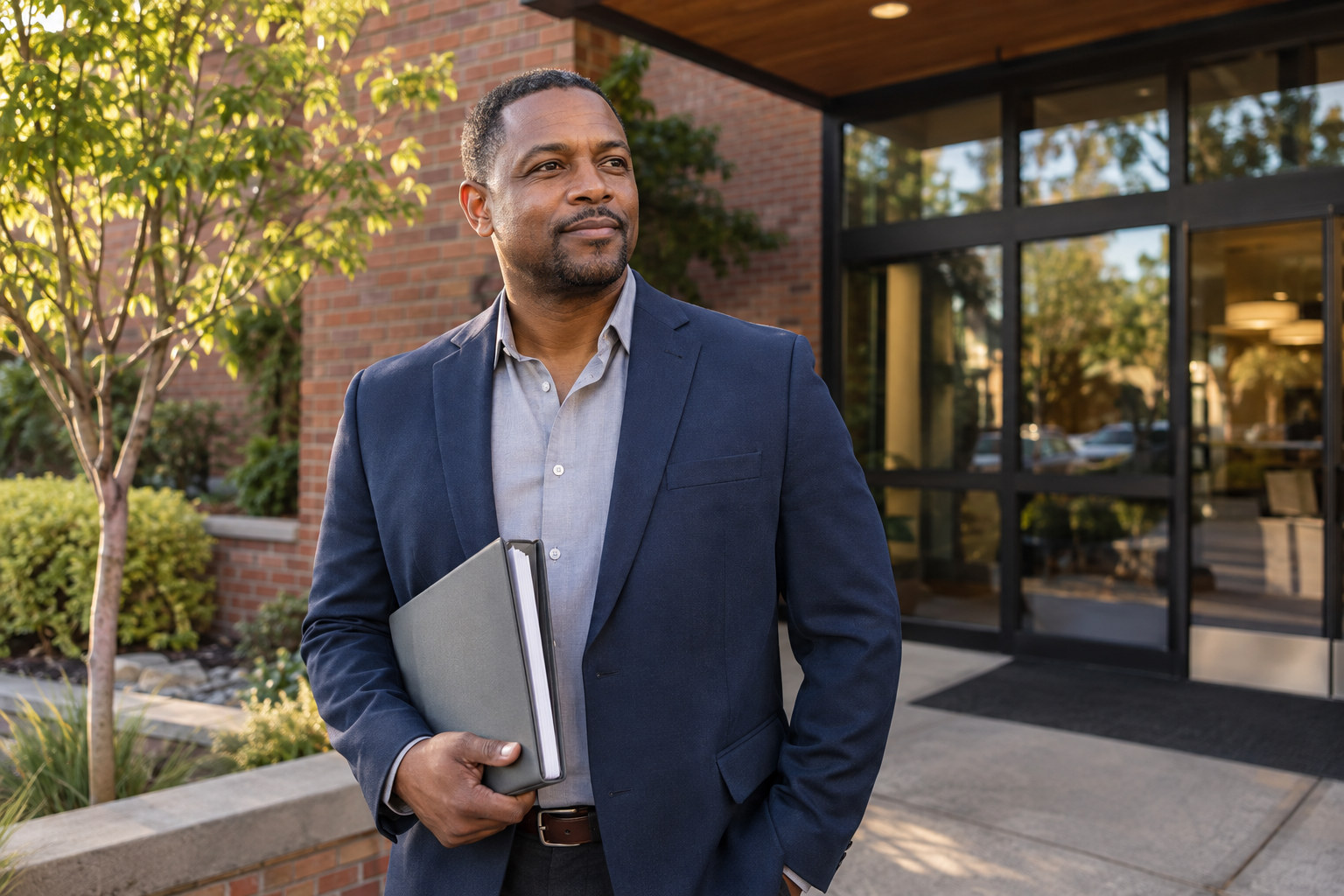 Process server holding a document portfolio outside a brick and glass office building.